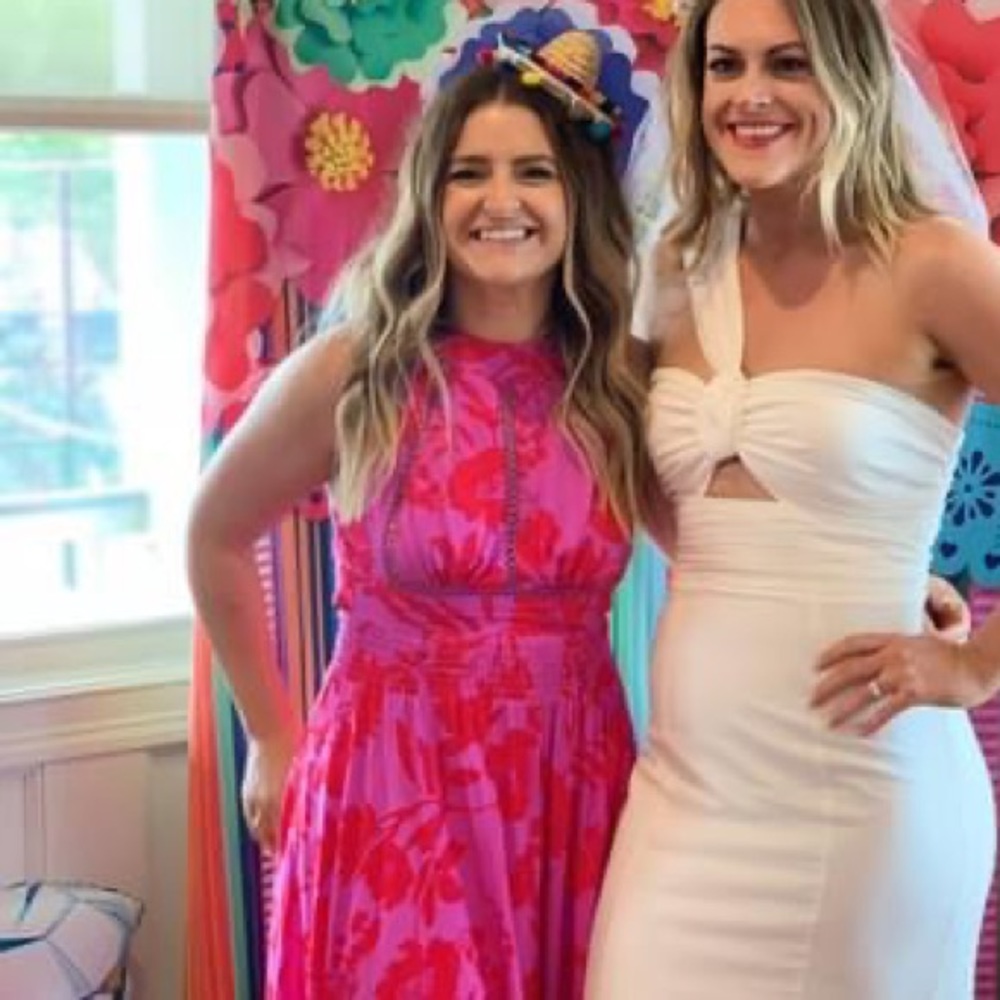 Red and pink floral open back dress